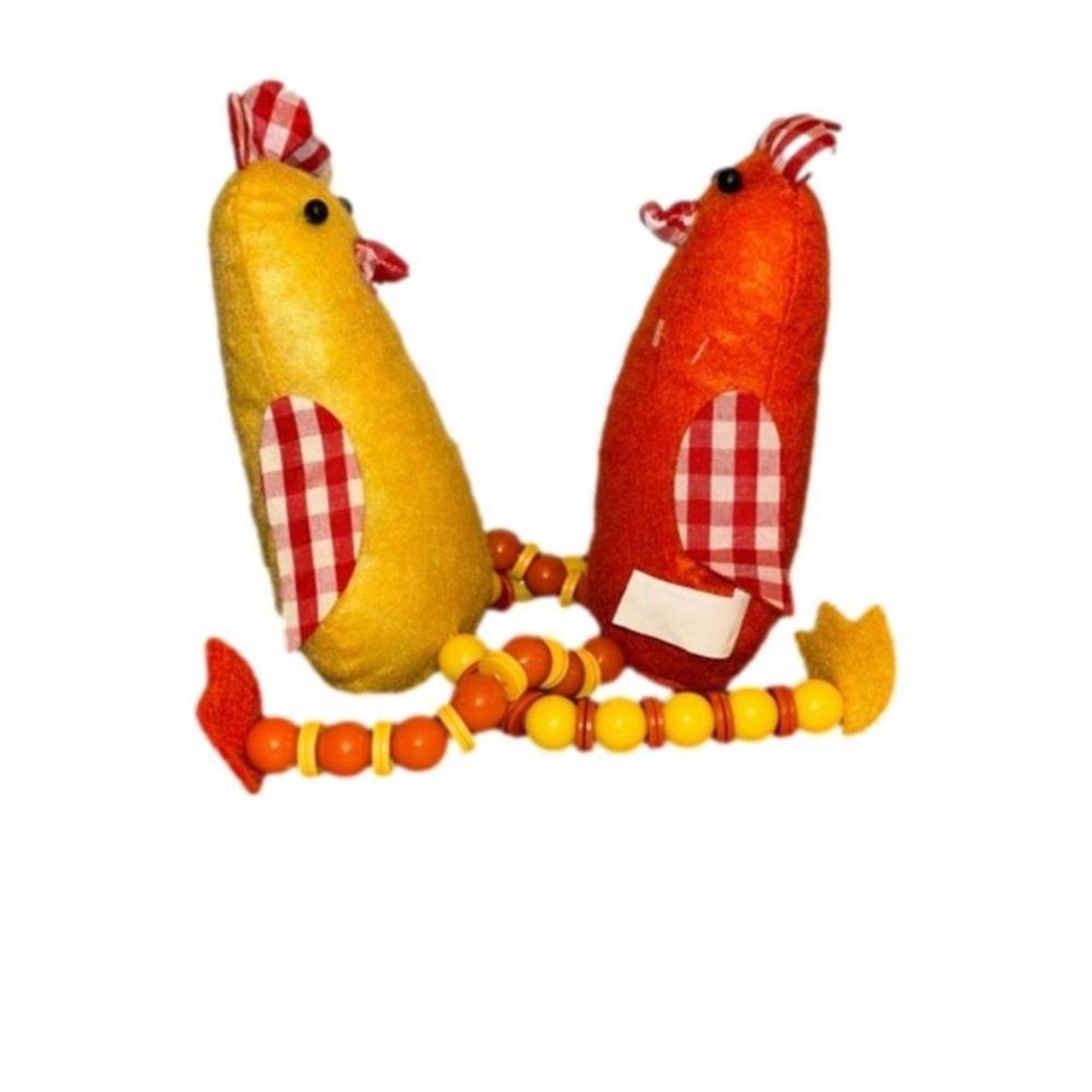 Whimsical Orange/Yellow Pair‎ Country Hens Shelf Sitter Button Beaded Legs Decor - Picture 4 of 8